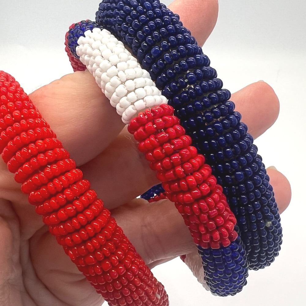Handmade Seed Bead Crochet Bangle Bracelets Earrings Red White Blue Vintage - Picture 4 of 10